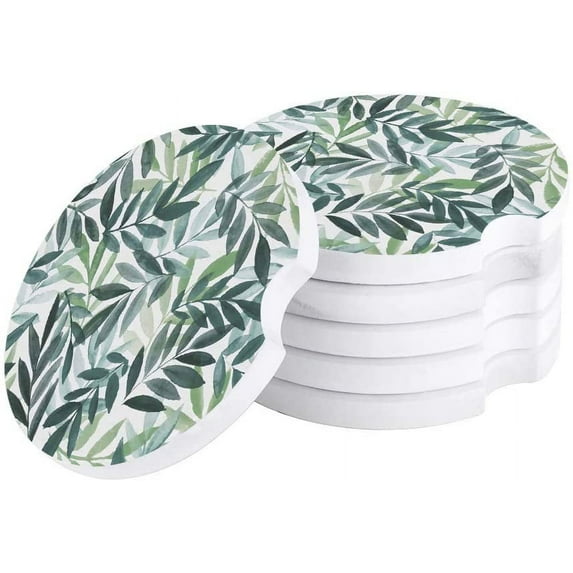 FMSHPON Nordic Style Watercolor Hand Drawn Leaves Set of 2 Car Coaster for Drinks, Absorbent Ceramic Stone Coasters Cup Mat with Cork Base for Home Kitchen Room Coffee Table Bar Decor