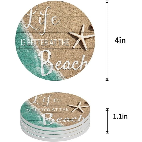 FMSHPON Ocean Elements Starfish on The Beach Wood Grain Set of 8 Round Coaster for Drinks, Absorbent Ceramic Stone Coasters Cup Mat with Cork Base for Home Kitchen Room Coffee Table Bar Decor