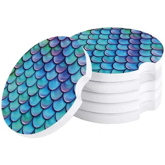 FMSHPON Ocean Theme Blue Green Purple Fish Scales Set of 4 Car Coaster for Drinks, Absorbent Ceramic Stone Coasters Cup Mat with Cork Base for Home Kitchen Room Coffee Table Bar Decor