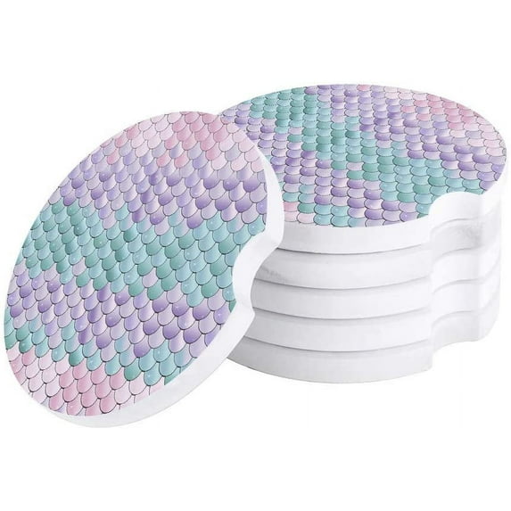 FMSHPON Ocean Theme Colorful Mermaid Scale Set of 4 Car Coaster for Drinks, Absorbent Ceramic Stone Coasters Cup Mat with Cork Base for Home Kitchen Room Coffee Table Bar Decor