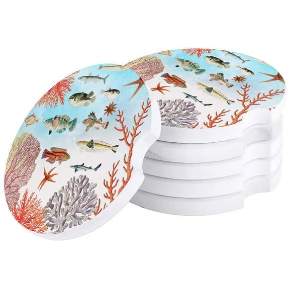 FMSHPON Ocean Theme Sea Creature Landscape Set of 4 Car Coaster for Drinks, Absorbent Ceramic Stone Coasters Cup Mat with Cork Base for Home Kitchen Room Coffee Table Bar Decor