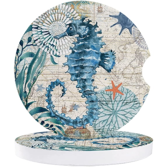 FMSHPON Ocean Theme Sea Underwater World Seahorse Set of 6 Car Coaster for Drinks, Absorbent Ceramic Stone Coasters Cup Mat with Cork Base for Home Kitchen Room Coffee Table Bar Decor