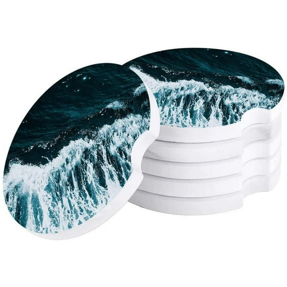FMSHPON Ocean Theme Sea Wave Set of 4 Car Coaster for Drinks, Absorbent Ceramic Stone Coasters Cup Mat with Cork Base for Home Kitchen Room Coffee Table Bar Decor