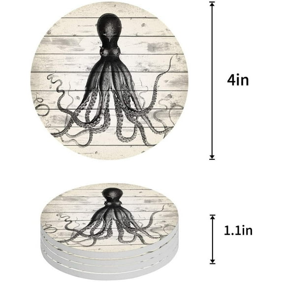 FMSHPON Octopus Rustic Old Wood Board Set of 4 Round Coaster for Drinks, Absorbent Ceramic Stone Coasters Cup Mat with Cork Base for Home Kitchen Room Coffee Table Bar Decor
