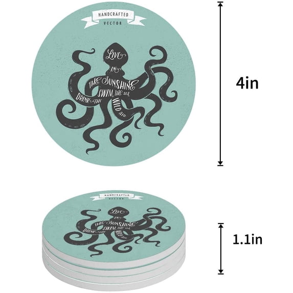 FMSHPON Octopus Set of 4 Round Coaster for Drinks, Absorbent Ceramic Stone Coasters Cup Mat with Cork Base for Home Kitchen Room Coffee Table Bar Decor