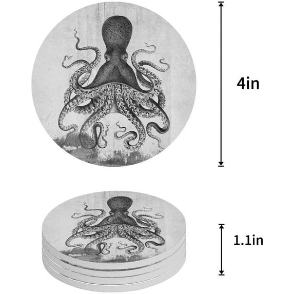 FMSHPON Octopus Set of 6 Round Coaster for Drinks, Absorbent Ceramic Stone Coasters Cup Mat with Cork Base for Home Kitchen Room Coffee Table Bar Decor