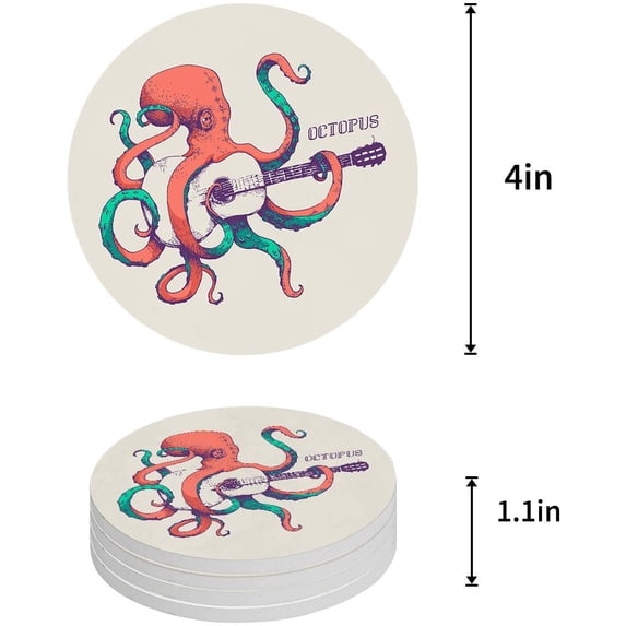 FMSHPON Octopus Set of 6 Round Coaster for Drinks, Absorbent Ceramic Stone Coasters Cup Mat with Cork Base for Home Kitchen Room Coffee Table Bar Decor