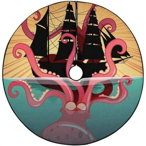 FMSHPON OctopusSailing Ship Xmas Christmas Tree Skirt Stand Mat for Holiday Party Decoration Indoor Outdoor 36 inches
