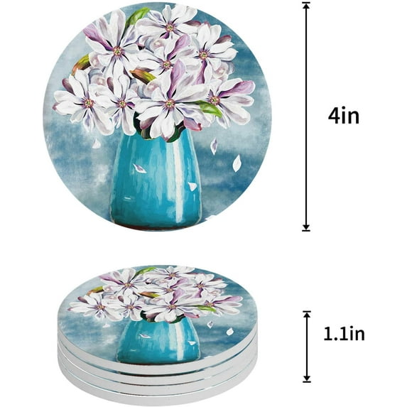 FMSHPON Oil Painting Blue Vase and White Magnolia Flowers Set of 4 Round Coaster for Drinks, Absorbent Ceramic Stone Coasters Cup Mat with Cork Base for Home Kitchen Room Coffee Table Bar Decor