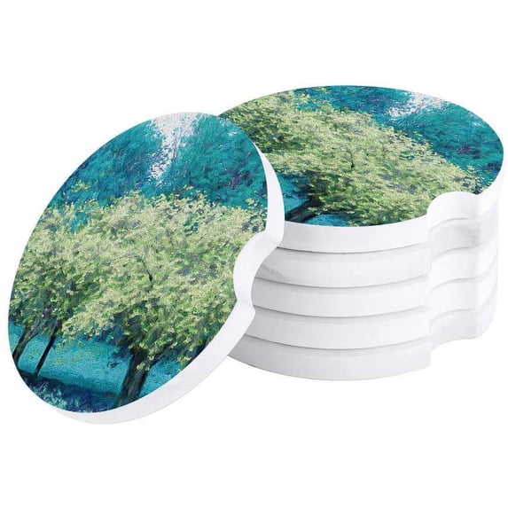 FMSHPON Oil Painting Style Blue and Green Trees Set of 2 Car Coaster for Drinks, Absorbent Ceramic Stone Coasters Cup Mat with Cork Base for Home Kitchen Room Coffee Table Bar Decor