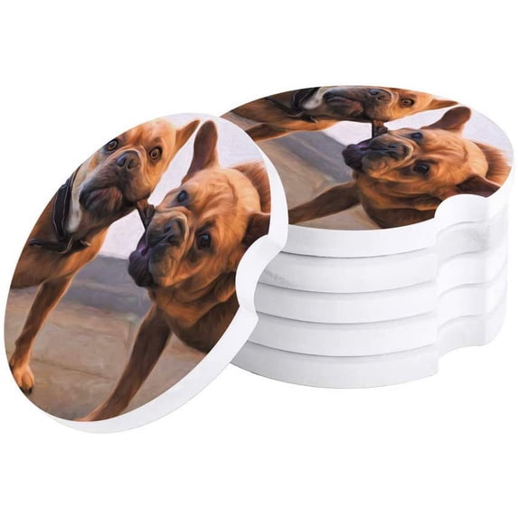 FMSHPON Oil Painting Style Dog Grabs The Set of 2 Car Coaster for Drinks, Absorbent Ceramic Stone Coasters Cup Mat with Cork Base for Home Kitchen Room Coffee Table Bar Decor