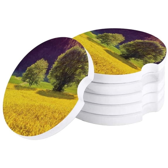 FMSHPON Oil Painting Style Green Tree on The Field Set of 4 Car Coaster for Drinks, Absorbent Ceramic Stone Coasters Cup Mat with Cork Base for Home Kitchen Room Coffee Table Bar Decor