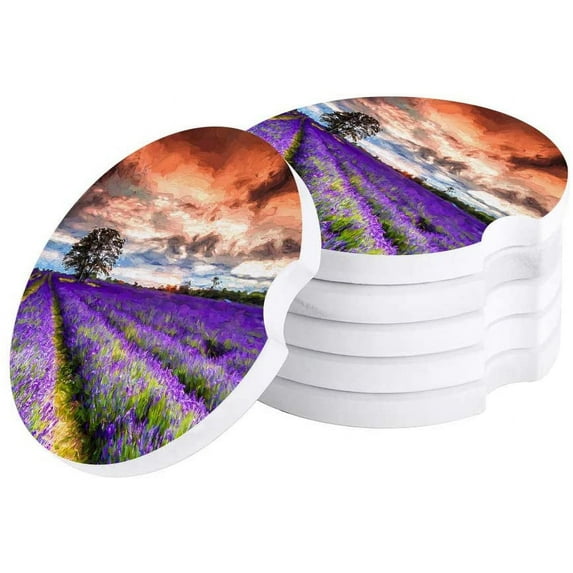 FMSHPON Oil Painting Style Lavender Field Set of 2 Car Coaster for Drinks, Absorbent Ceramic Stone Coasters Cup Mat with Cork Base for Home Kitchen Room Coffee Table Bar Decor