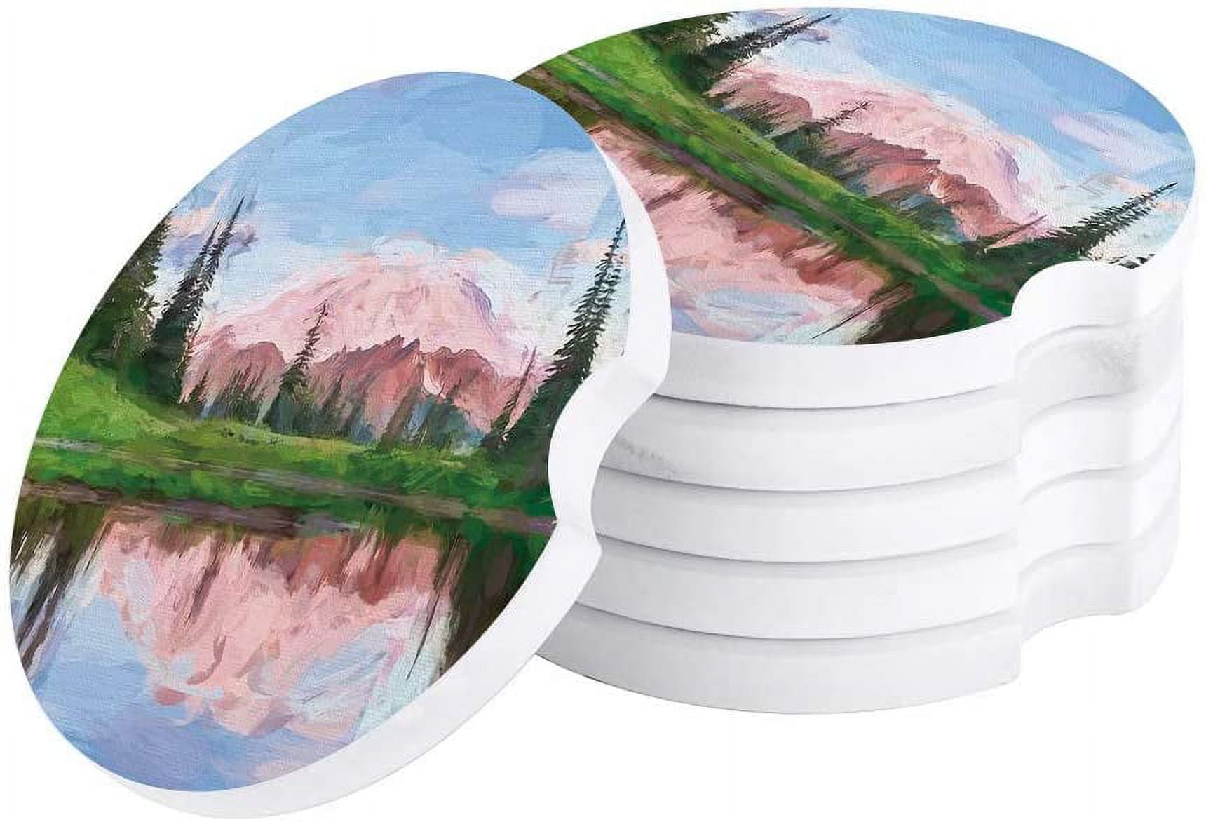 FMSHPON Oil Painting Style Mountains and Woods Set of 2 Car Coaster for