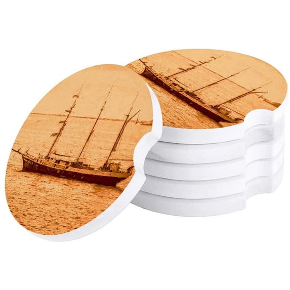FMSHPON Oil Painting Style Ship Sailing in The Sea Set of 2 Car Coaster for Drinks, Absorbent Ceramic Stone Coasters Cup Mat with Cork Base for Home Kitchen Room Coffee Table Bar Decor