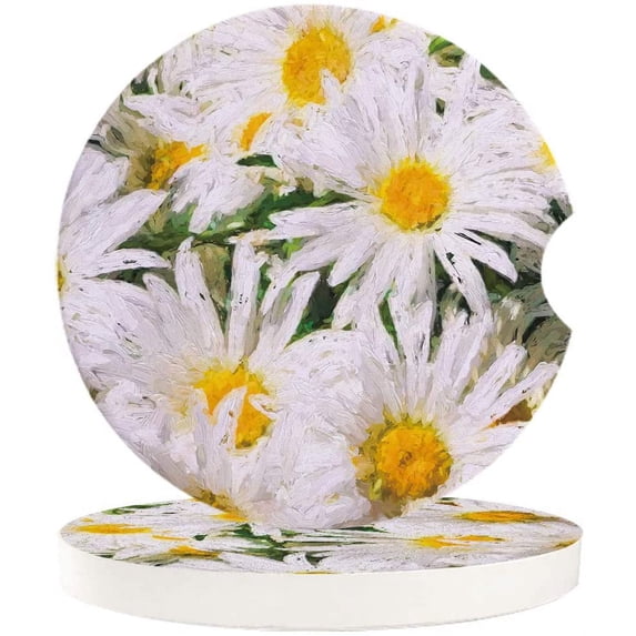 FMSHPON Oil Painting Style Spring Bloom Flower White Daisy Set of 6 Car Coaster for Drinks, Absorbent Ceramic Stone Coasters Cup Mat with Cork Base for Home Kitchen Room Coffee Table Bar Decor