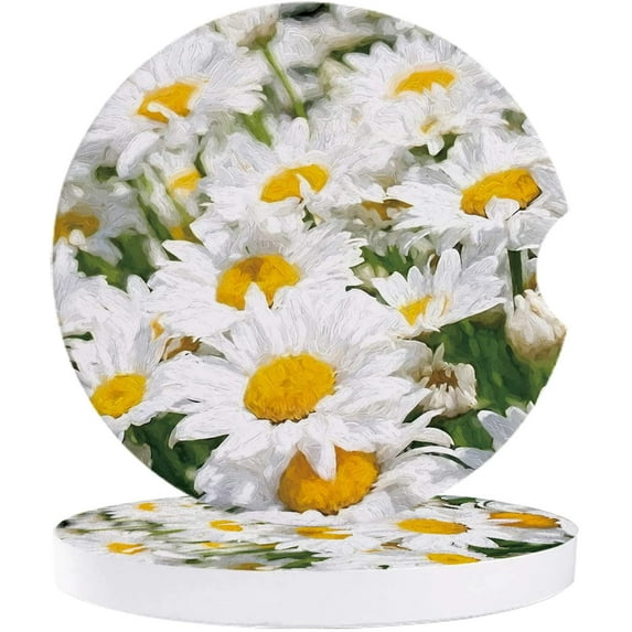 FMSHPON Oil Painting Style Spring Flower White Daisy Set of 6 Car Coaster for Drinks, Absorbent Ceramic Stone Coasters Cup Mat with Cork Base for Home Kitchen Room Coffee Table Bar Decor