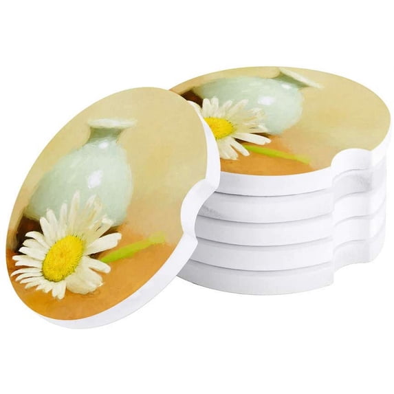 FMSHPON Oil Painting Style White Flowers and Ceramic Jars Set of 2 Car Coaster for Drinks, Absorbent Ceramic Stone Coasters Cup Mat with Cork Base for Home Kitchen Room Coffee Table Bar Decor