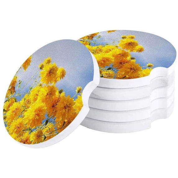 FMSHPON Oil Painting Style Yellow Flowers Set of 2 Car Coaster for Drinks, Absorbent Ceramic Stone Coasters Cup Mat with Cork Base for Home Kitchen Room Coffee Table Bar Decor