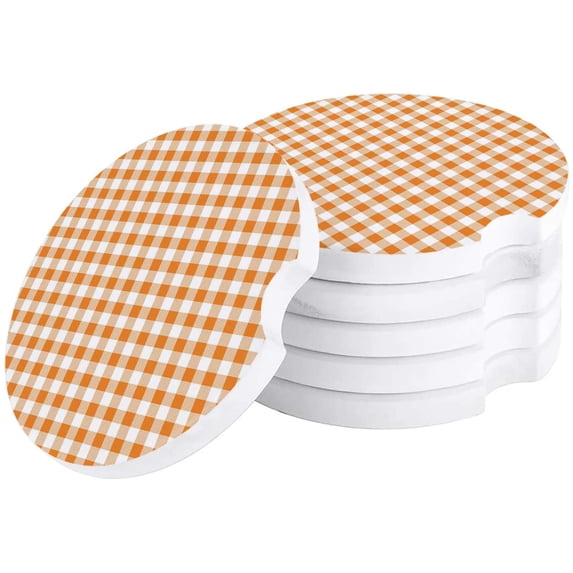 FMSHPON Orange Check Plaid Pattern Set of 2 Car Coaster for Drinks, Absorbent Ceramic Stone Coasters Cup Mat with Cork Base for Home Kitchen Room Coffee Table Bar Decor