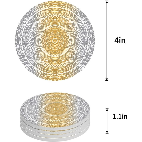 FMSHPON Orange and Grey Mandala Gradient Art Set of 4 Round Coaster for Drinks, Absorbent Ceramic Stone Coasters Cup Mat with Cork Base for Home Kitchen Room Coffee Table Bar Decor