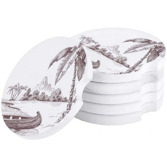 FMSHPON Original Sketch of Coconut Tree and Boat on Beach Set of 4 Car Coaster for Drinks, Absorbent Ceramic Stone Coasters Cup Mat with Cork Base for Home Kitchen Room Coffee Table Bar Decor