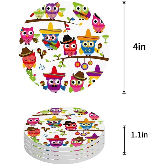 FMSHPON Owl Set of 6 Round Coaster for Drinks, Absorbent Ceramic Stone Coasters Cup Mat with Cork Base for Home Kitchen Room Coffee Table Bar Decor