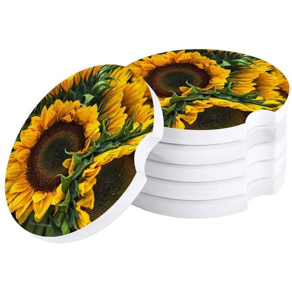 FMSHPON Painting Style Sunflower Set of 2 Car Coaster for Drinks, Absorbent Ceramic Stone Coasters Cup Mat with Cork Base for Home Kitchen Room Coffee Table Bar Decor
