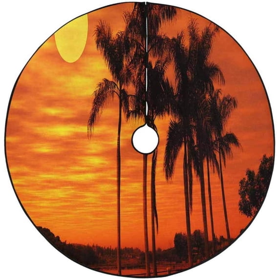 FMSHPON Palm Tree at Sunset Xmas Christmas Tree Skirt Stand Mat for Holiday Party Decoration Indoor Outdoor 48 inches