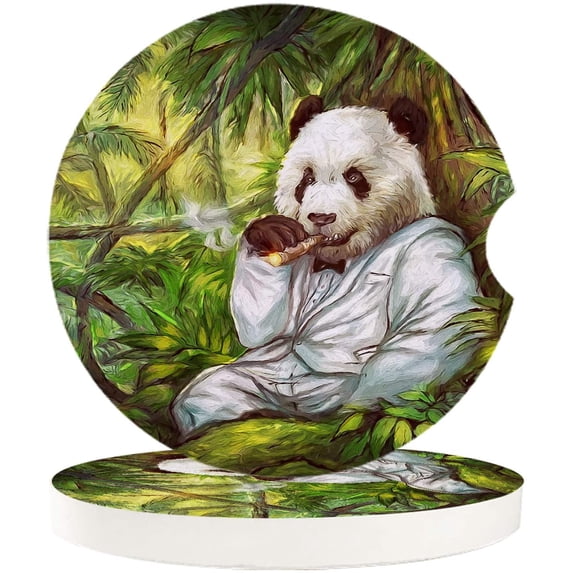FMSHPON Panda in Forest Set of 6 Car Coaster for Drinks, Absorbent Ceramic Stone Coasters Cup Mat with Cork Base for Home Kitchen Room Coffee Table Bar Decor