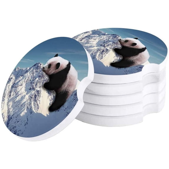 FMSHPON Panda Lying on The Snow Mountain Set of 2 Car Coaster for Drinks, Absorbent Ceramic Stone Coasters Cup Mat with Cork Base for Home Kitchen Room Coffee Table Bar Decor