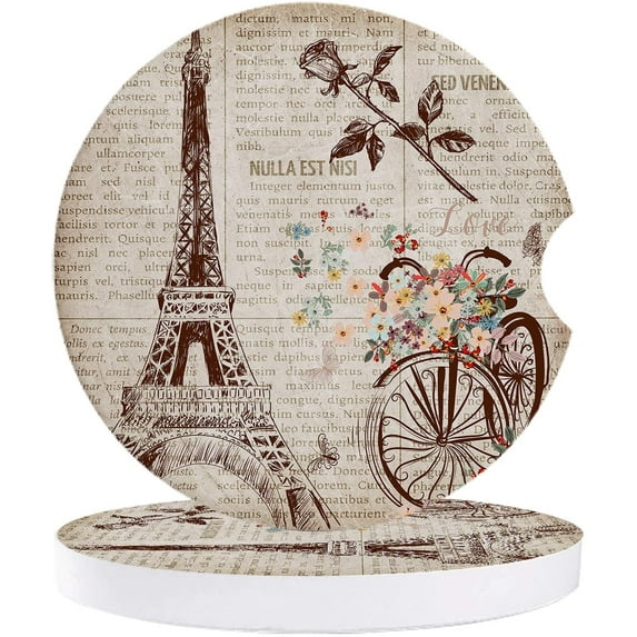 FMSHPON Paris Eiffel Tower Bicycle Flower on Vintage Newspaper Set of 6 Car Coaster for Drinks, Absorbent Ceramic Stone Coasters Cup Mat with Cork Base for Home Kitchen Room Coffee Table Bar Decor