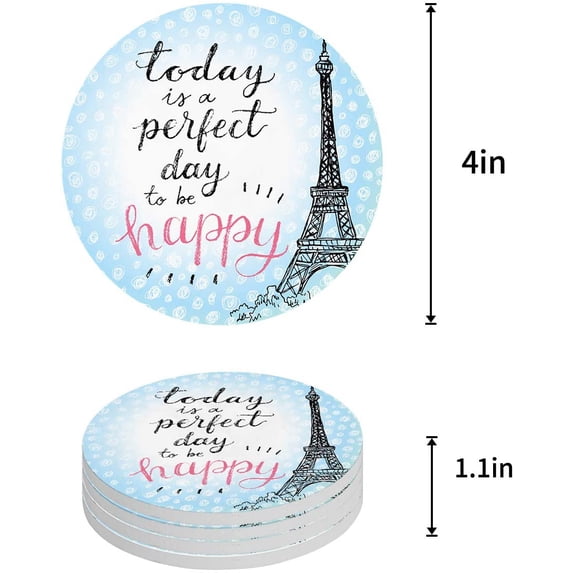 FMSHPON Paris Eiffel Tower Decor Today is a Perfect Day To Be Happy Set of 6 Round Coaster for Drinks, Absorbent Ceramic Stone Coasters Cup Mat with Cork Base for Coffee Table Bar Decor