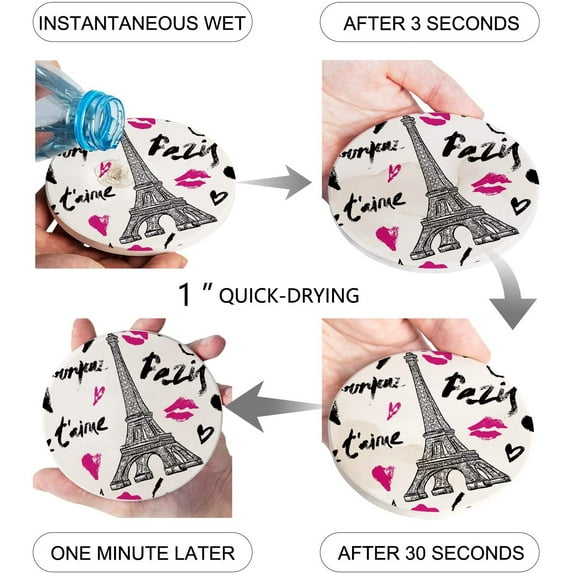 FMSHPON Paris France Decor Eiffel Tower Set of 6 Round Coaster for Drinks, Absorbent Ceramic Stone Coasters Cup Mat with Cork Base for Home Kitchen Room Coffee Table Bar Decor