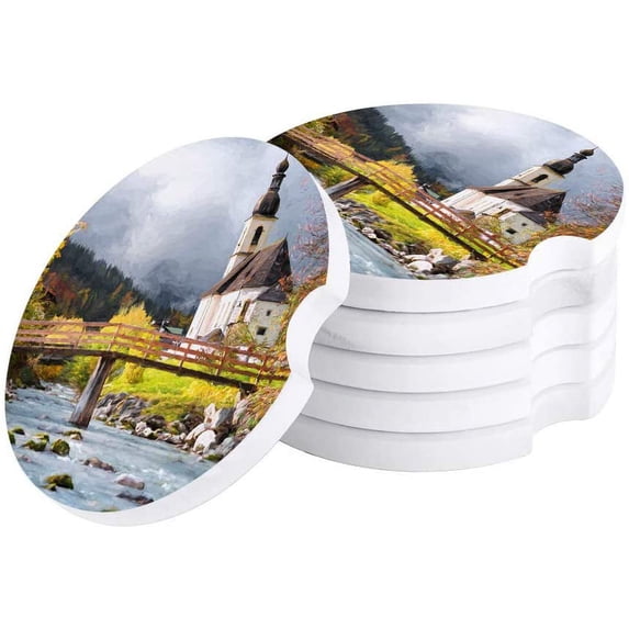 FMSHPON Parish Church of San Sebastian Painting Style Set of 2 Car Coaster for Drinks, Absorbent Ceramic Stone Coasters Cup Mat with Cork Base for Home Kitchen Room Coffee Table Bar Decor