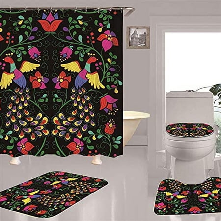 FMSHPON Parrot Dragonfly 4 Piece Bathroom Set Shower Curtain Bath Rug Contour Mat and Toilet Lid Cover
