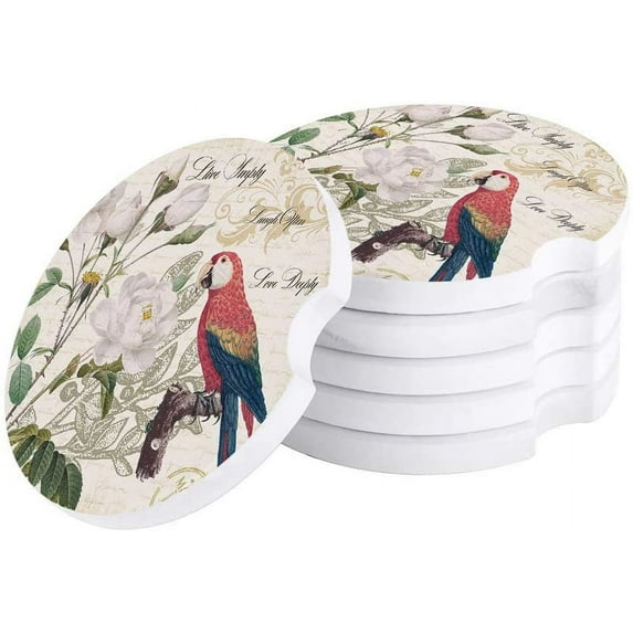 FMSHPON Parrot Flower Plant Vintage Set of 4 Car Coaster for Drinks, Absorbent Ceramic Stone Coasters Cup Mat with Cork Base for Home Kitchen Room Coffee Table Bar Decor