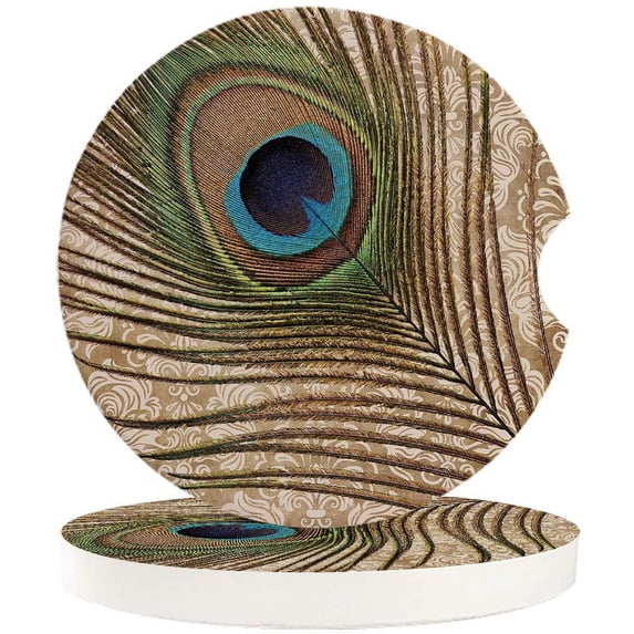 FMSHPON Peacock Feather Close Up Style Set of 6 Car Coaster for Drinks, Absorbent Ceramic Stone Coasters Cup Mat with Cork Base for Home Kitchen Room Coffee Table Bar Decor
