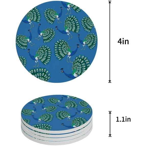 FMSHPON Peacock Set of 8 Round Coaster for Drinks, Absorbent Ceramic Stone Coasters Cup Mat with Cork Base for Home Kitchen Room Coffee Table Bar Decor