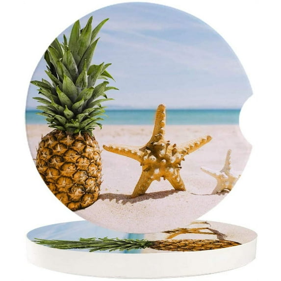 FMSHPON Pineapple and Starfish on The Beach Set of 6 Car Coaster for Drinks, Absorbent Ceramic Stone Coasters Cup Mat with Cork Base for Home Kitchen Room Coffee Table Bar Decor