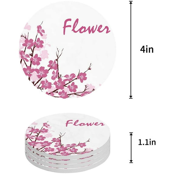 FMSHPON Pink Cherry Blossoms Flower Set of 4 Round Coaster for Drinks, Absorbent Ceramic Stone Coasters Cup Mat with Cork Base for Home Kitchen Room Coffee Table Bar Decor
