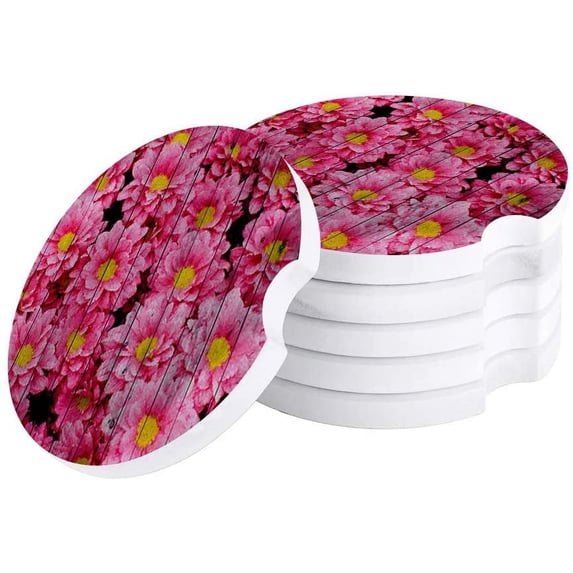 FMSHPON Pink Flower Vintage Wooden Grain Set of 2 Car Coaster for Drinks, Absorbent Ceramic Stone Coasters Cup Mat with Cork Base for Home Kitchen Room Coffee Table Bar Decor