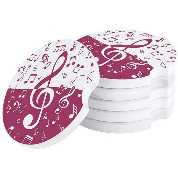 FMSHPON Pink Musical Note Pattern Set of 2 Car Coaster for Drinks, Absorbent Ceramic Stone Coasters Cup Mat with Cork Base for Home Kitchen Room Coffee Table Bar Decor