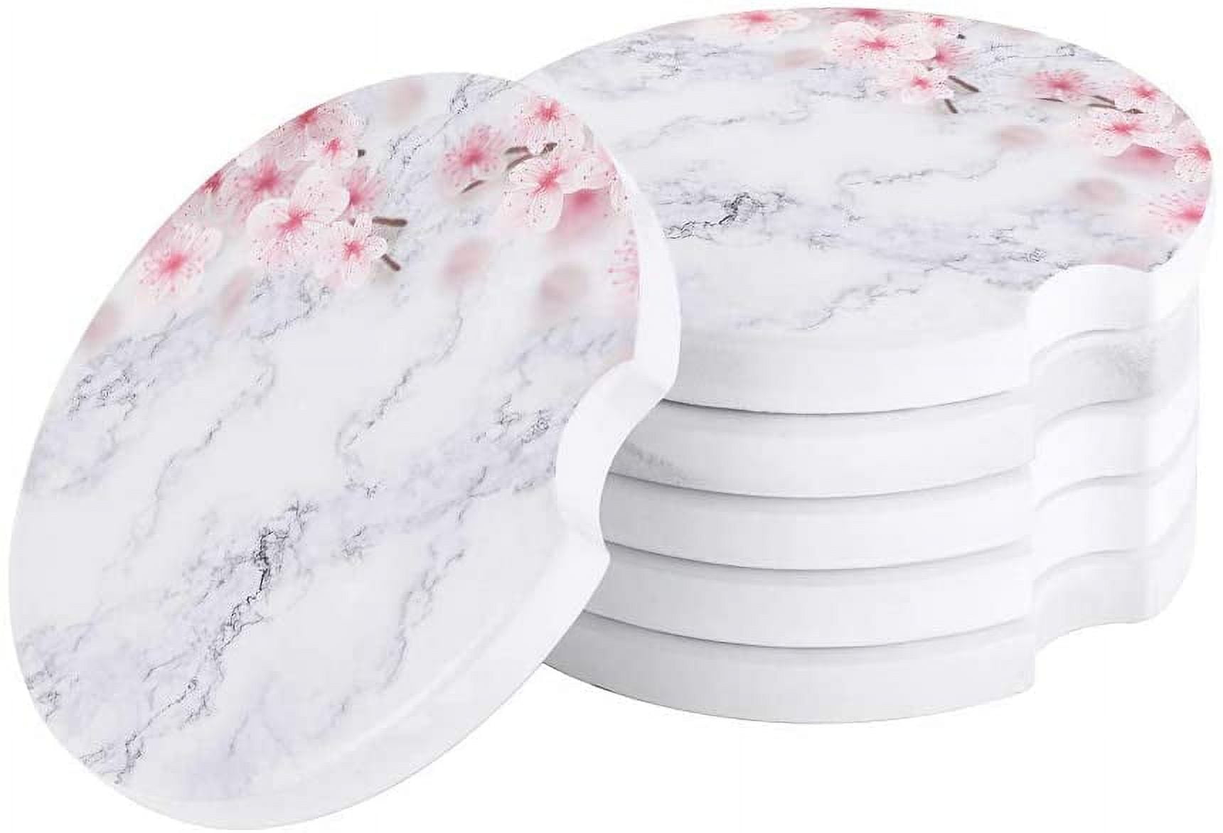 FMSHPON Pink Peach Flower White Marble Set of 2 Car Coaster for Drinks ...