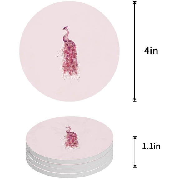 FMSHPON Pink Peacock Watercolor Set of 6 Round Coaster for Drinks, Absorbent Ceramic Stone Coasters Cup Mat with Cork Base for Home Kitchen Room Coffee Table Bar Decor