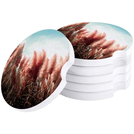 FMSHPON Pink Reeds Oil Painting Style Set of 4 Car Coaster for Drinks, Absorbent Ceramic Stone Coasters Cup Mat with Cork Base for Home Kitchen Room Coffee Table Bar Decor