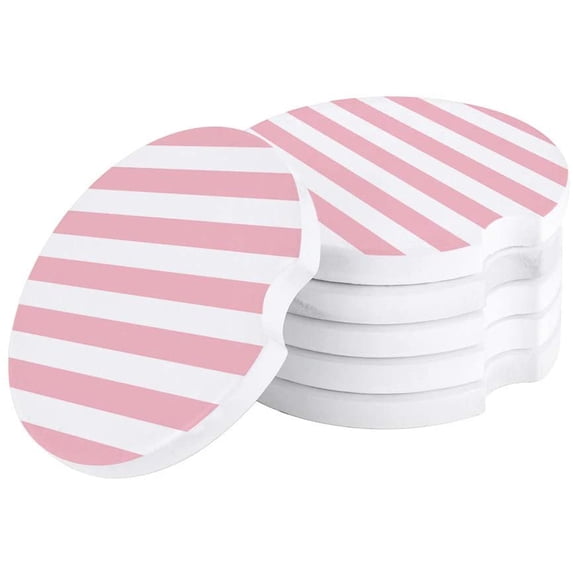 FMSHPON Pink and White Stripes Pattern Set of 2 Car Coaster for Drinks, Absorbent Ceramic Stone Coasters Cup Mat with Cork Base for Home Kitchen Room Coffee Table Bar Decor