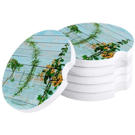 FMSHPON Plant in Glass Bottle Blue Wood Grain Set of 4 Car Coaster for Drinks, Absorbent Ceramic Stone Coasters Cup Mat with Cork Base for Home Kitchen Room Coffee Table Bar Decor