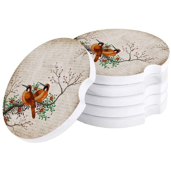 FMSHPON Plum Blossom Bird Style Retro Newspaper Set of 4 Car Coaster for Drinks, Absorbent Ceramic Stone Coasters Cup Mat with Cork Base for Home Kitchen Room Coffee Table Bar Decor