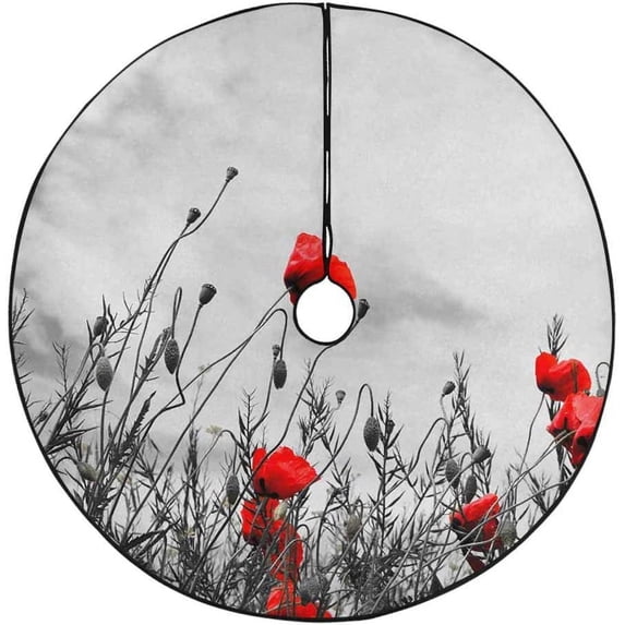 FMSHPON Poppies on BlackWhite Xmas Christmas Tree Skirt Stand Mat for Holiday Party Decoration Indoor Outdoor 36 inches